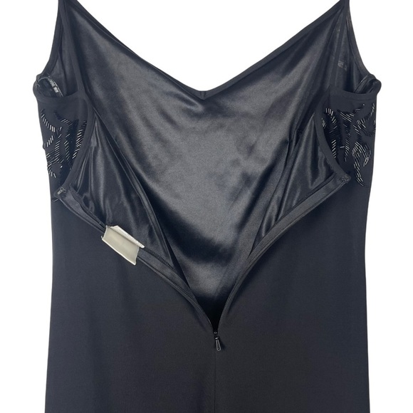 TADASHI SHOJI 90'S SPAGHETTI STRAP CAMI ASYMMETRIC HEM BEADED BLACK SLIP DRESS - Picture 8 of 16